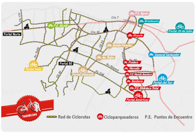 Mapa de la ubicación de nuestros cicloparqueaderos en el Sistema TransMilenio